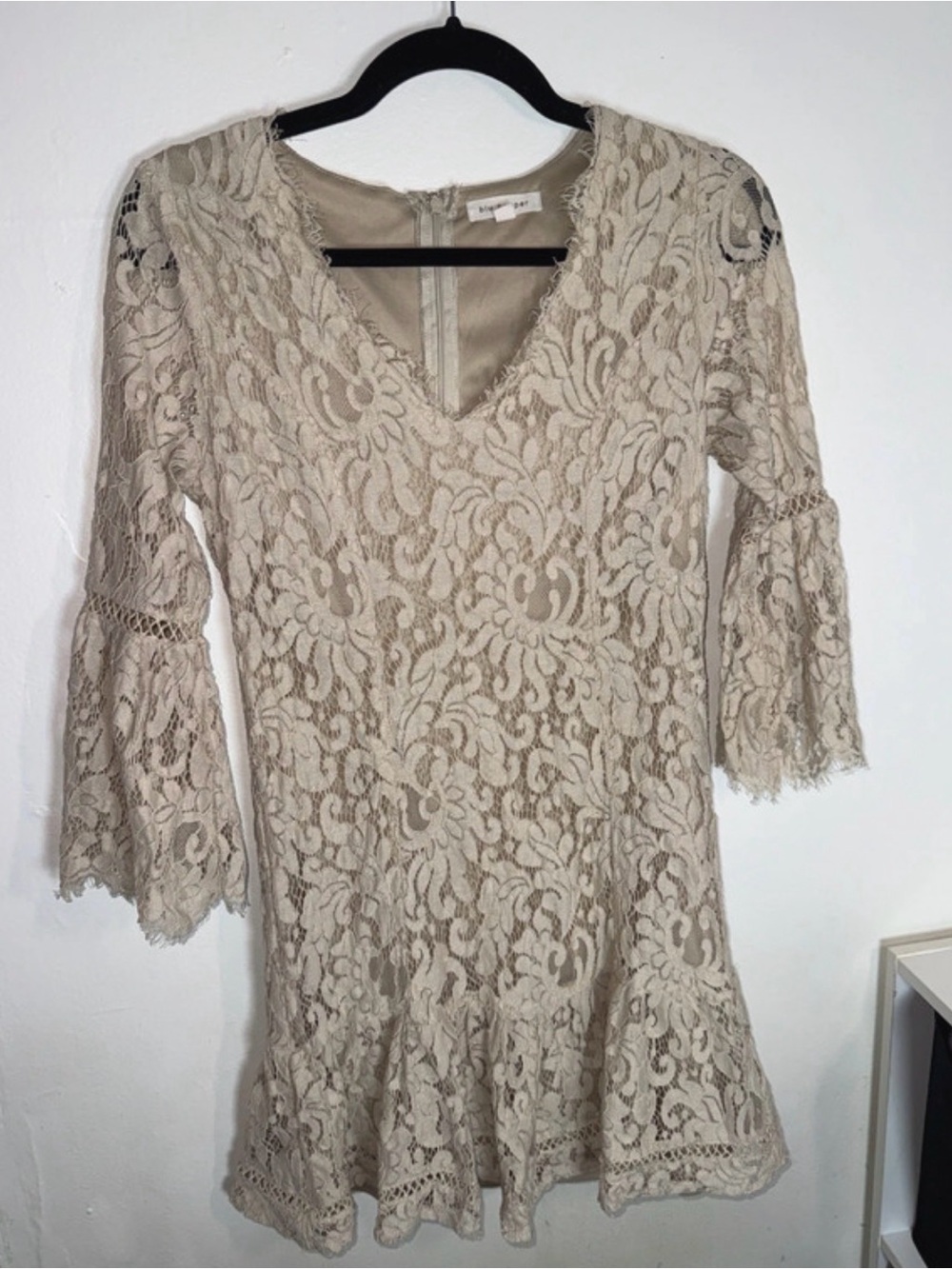 Blu Pepper Beige Lace V-Neck Mini Dress with Bell Sleeves